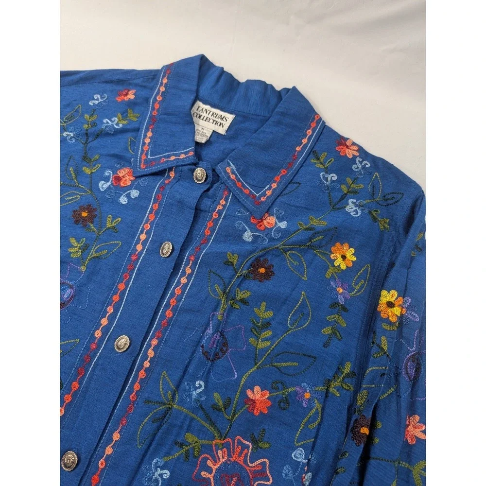 Vtg Tantrums Collection Metal Button‎ Front Shirt Silk Blend Floral Embroidery M